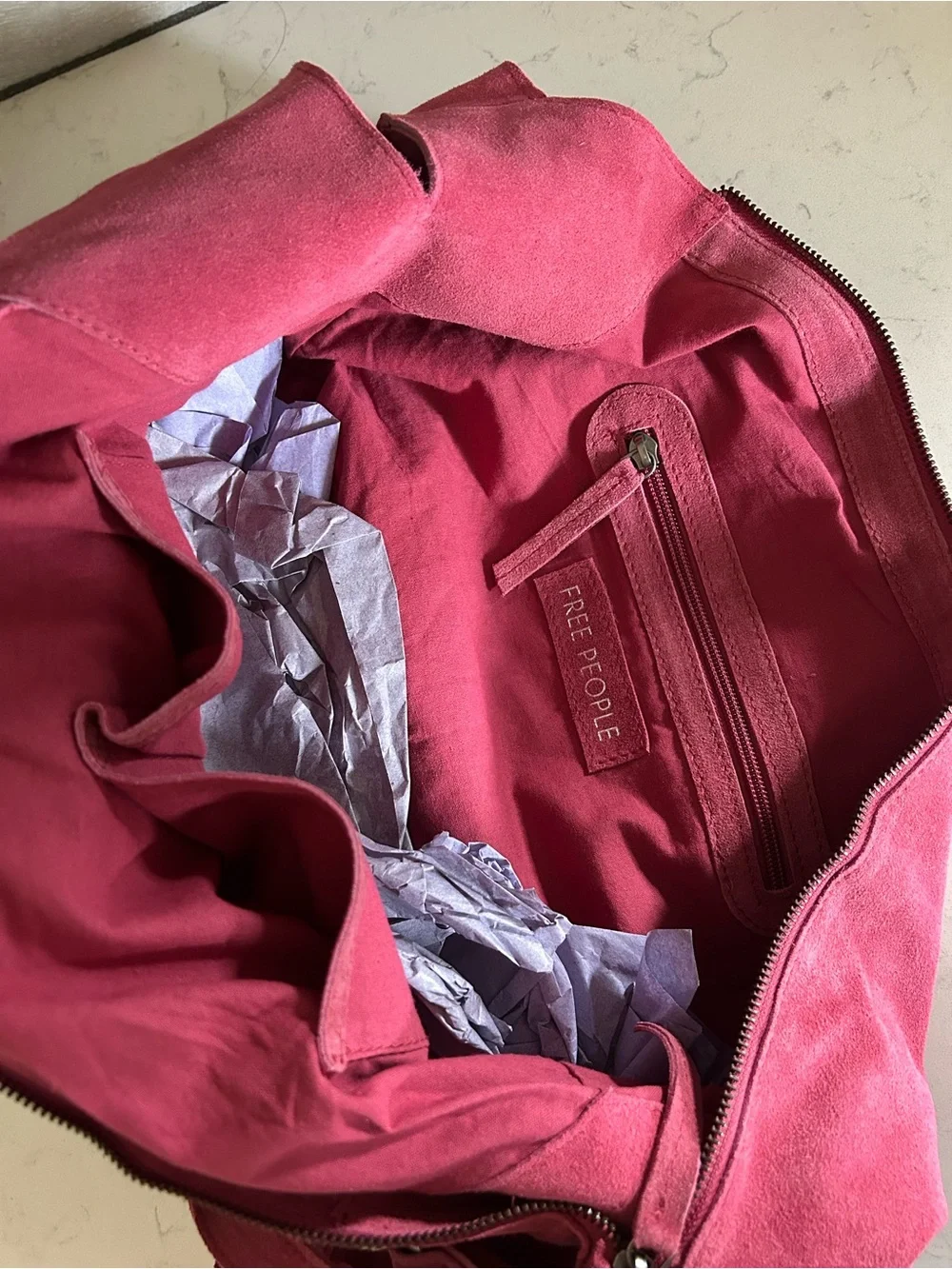 Free People Roma Suede Tote in Raspberry-Maxamillion, Strawberry Charms, & Scarf